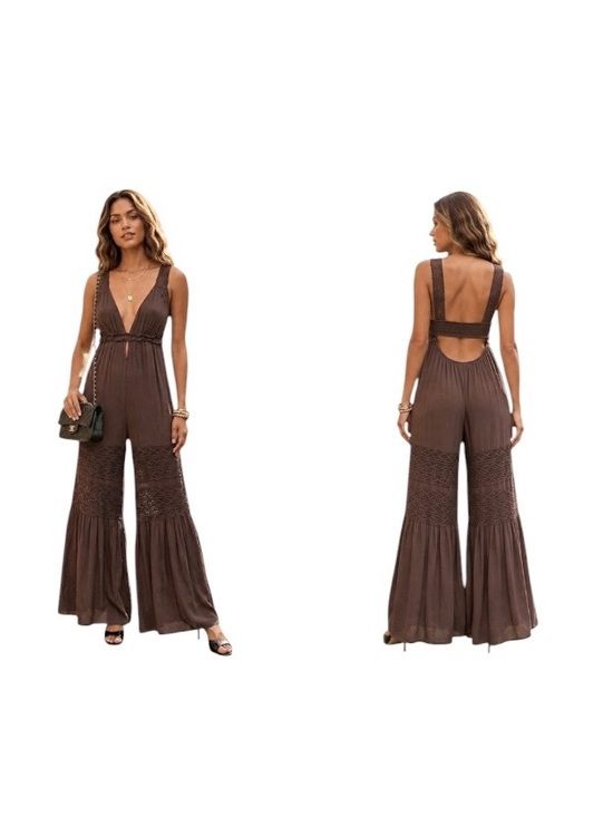 Forever 21 Pants - Forever 21 Brown Crochet-Panel Wide-Leg Jumpsuit